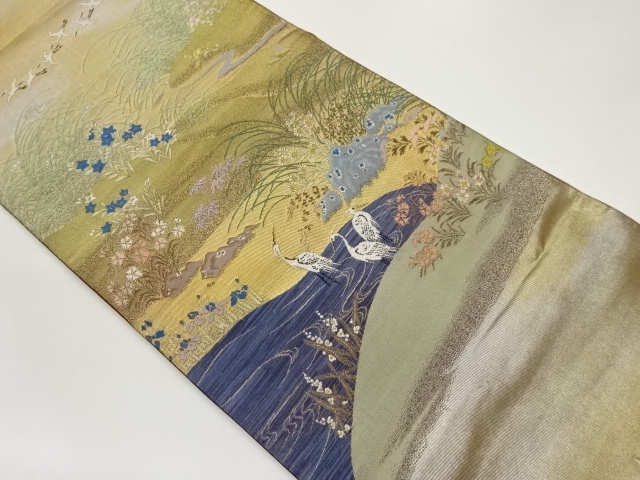 引箔花鳥模様織出し袋帯